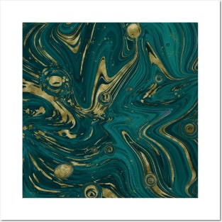 Gold Faux Glitter & Teal Green Marble Abstract Art Posters and Art